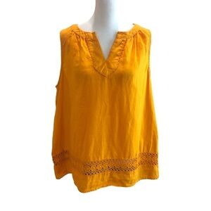 Crown and Ivy Size L linen pullover top orange v-neck crochet lace sleeveless